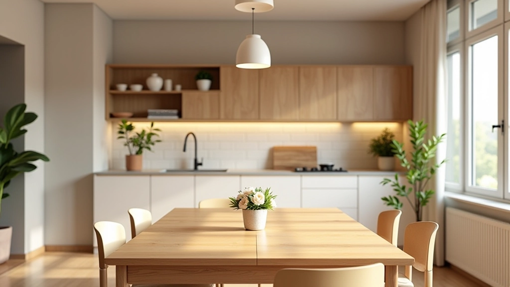 Bright kitchen and dining area with natural wood table, fresh flowers in vase, organized open shelving, and warm overhead lighting creating an inviting space