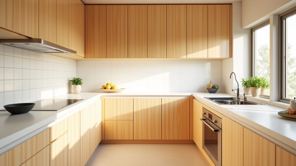 Kitchen with warm neutral palette, natural wood cabinets, and white subway tile creating a cohesive color scheme