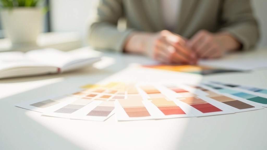 Color palette samples showing warm, cool, and neutral tones arranged in a modern design studio