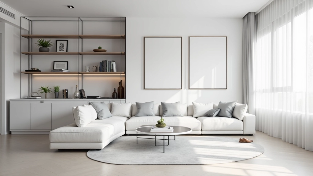 Modern minimalist space with metallic accents, chrome furniture, and clean geometric design creating organized feel