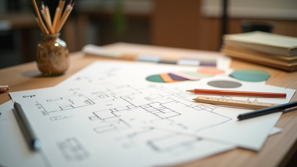 Designer's desk with color palette and design tools