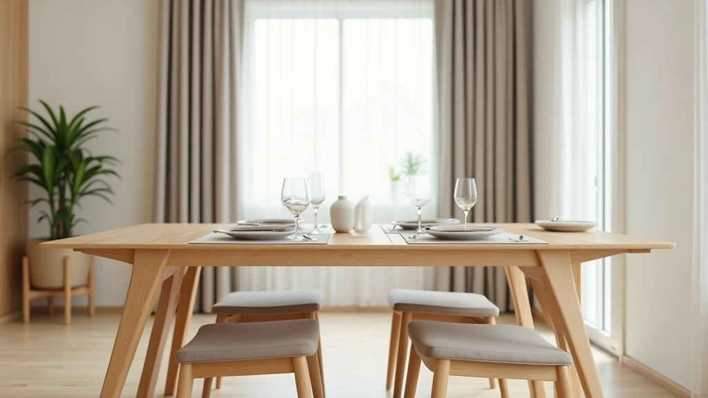 Minimalist dining area with wooden table, modern chairs, and window view, styled with simple tableware and natural plant elements creating calm elegant aesthetic