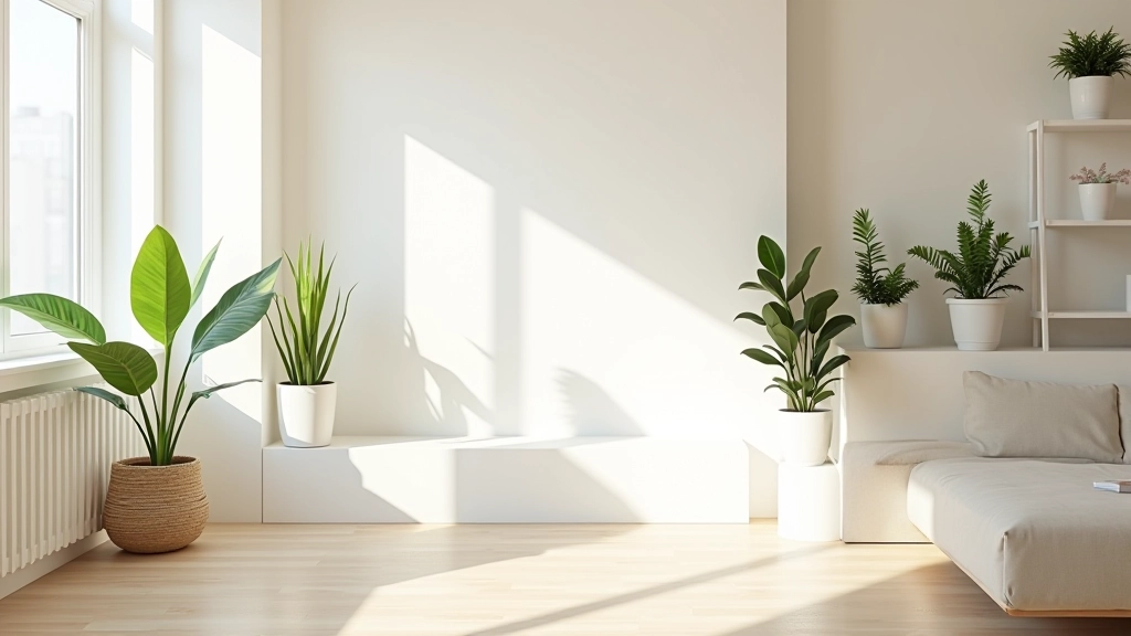 Living room with natural light from window, minimalist furniture arrangement with light-colored sofa, plants on floating shelves, and open floor space creating sense of airiness