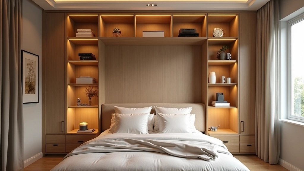 Modern bedroom storage wall with floor-to-ceiling built-in shelving, organized with boxes and decorative items, soft warm lighting creating efficient and organized bedroom