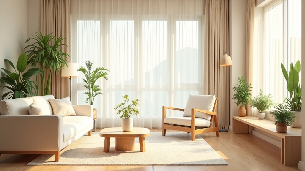 Minimalist living room with natural light, wooden furniture, and plants arranged near windows