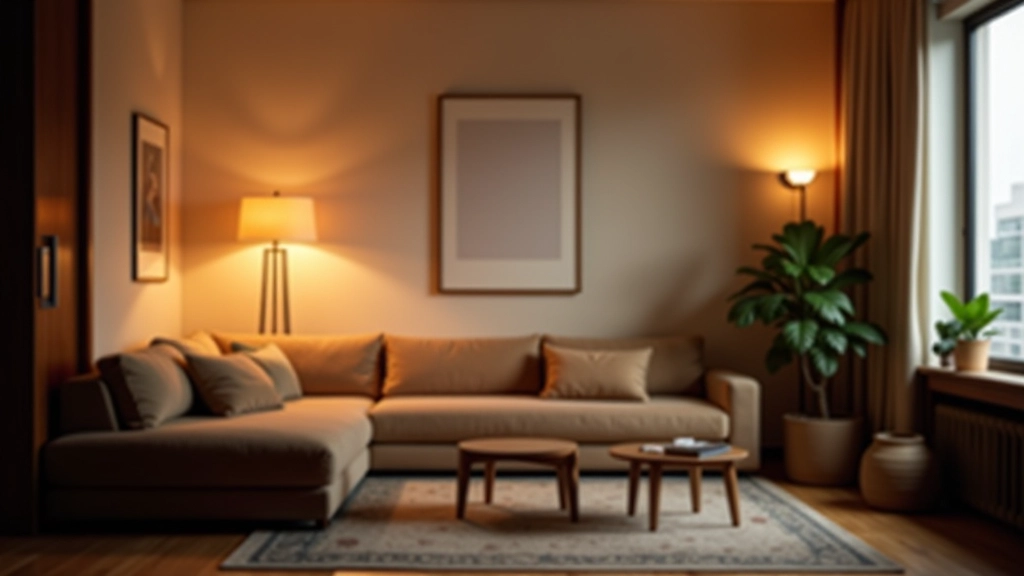 Living room with strategic lighting setup, floor lamp in corner, wall sconces, natural daylight, layered illumination creating warmth