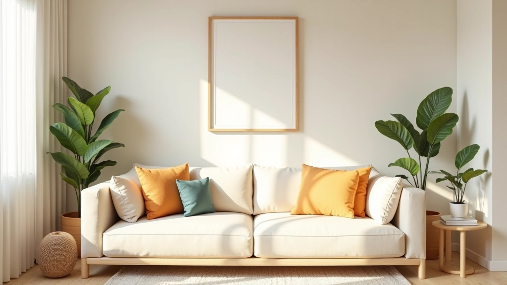 Interior design showing neutral wall colors with colorful accent pieces, throw pillows, artwork, plants adding vibrancy to light-colored room